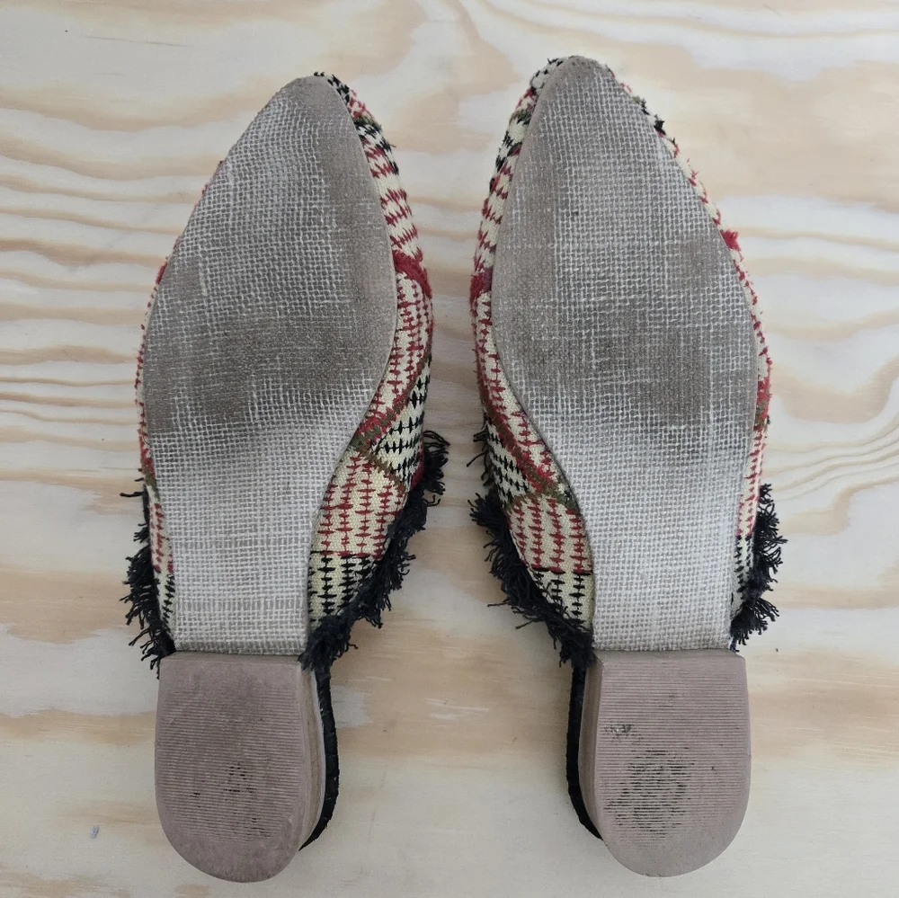 Free People Red Black Cream Patterned Pointed Fringe Mules